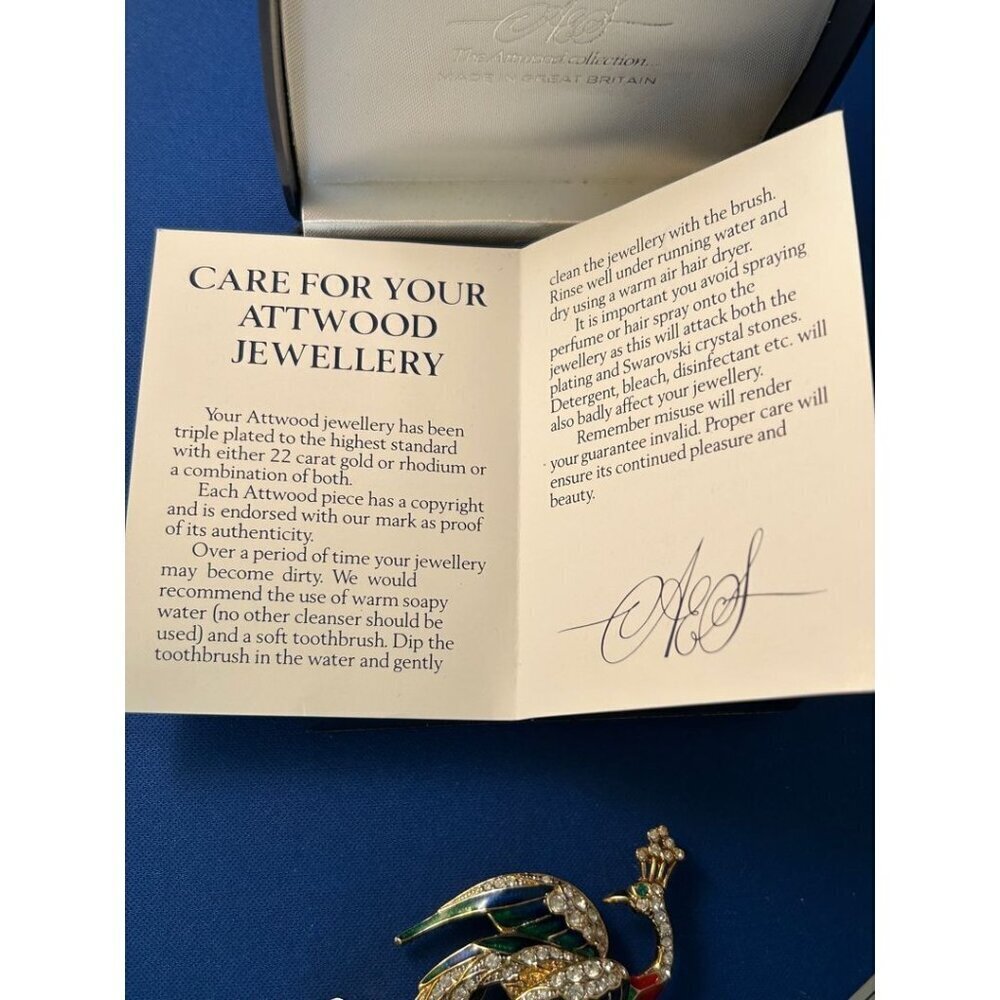 Attwood & Sawyer Peacock Swarovski 22K Gold Plated Enamel Vintage Brooch In Box - Picture 2 of 12